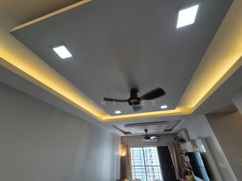 Room features: grey painted walls, tray ceiling with recessed downlights, 5-blade ceiling fan, LED strip lighting, floor-to-ceiling windows, curtains, light-colored flooring; style: modern; view: city.