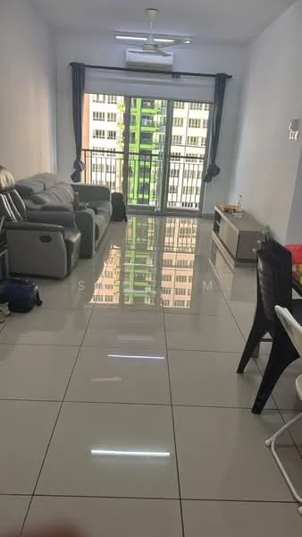 Living features: grey leather sofa, 2 reclining chairs, coffee table, TV console, wall-mounted TV, large floor-to-ceiling windows, curtains, polished ceramic tile flooring, ceiling fan with light, decorative wall, open layout, dining area with chairs; style: modern; view: city.
