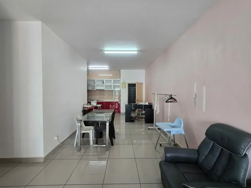 Living features: white painted walls, glossy tile flooring, recessed ceiling lights, black leather sofa, glass dining table, 4 white plastic dining chairs, open layout, kitchen cabinetry visible in background, clothes rack, office desk with chair; style: modern.