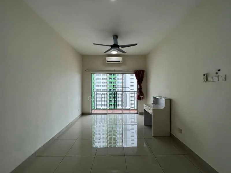 Living features: white painted walls, glossy ceramic tile flooring, 5-blade ceiling fan with light, wall-mounted split AC, floor-to-ceiling sliding glass door, curtains, balcony access, neutral decor; style: modern; view: city.