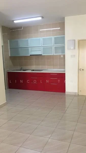 Kitchen features: red lower cabinets, light blue upper cabinets with glass fronts, white countertop, single-bowl stainless-steel sink, chrome pull-down faucet, tile backsplash, fluorescent ceiling light, cream tiled flooring, wall-mounted electrical panel, door leading to another room; style: modern.