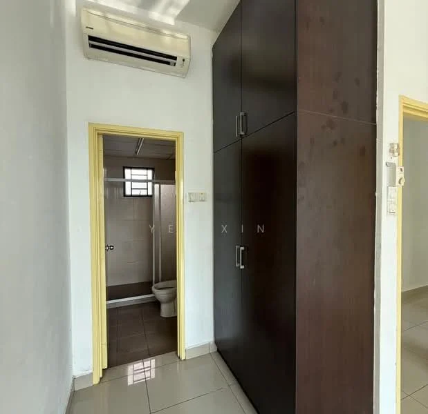 Room features: white painted walls, tile flooring, built-in wardrobe with dark wood finish, wall-mounted split AC, doorway leading to bathroom, light switch, yellow door frame, window with natural light; style: modern.
