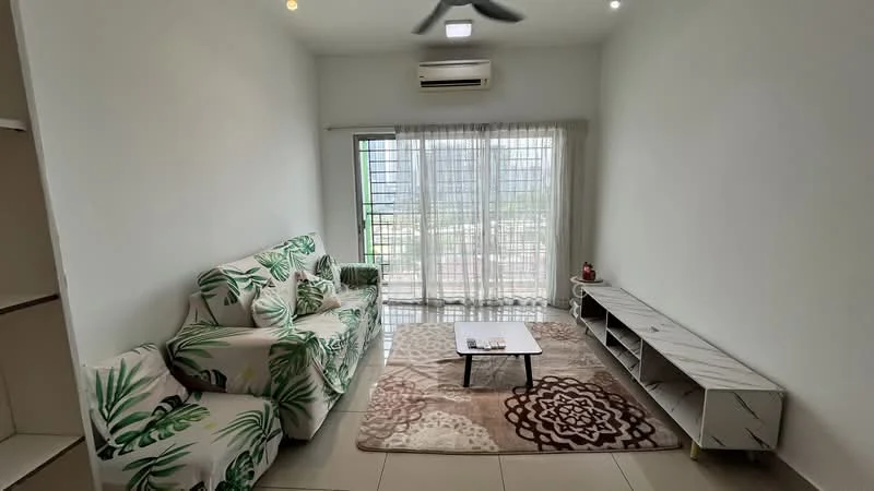 Living features: 3-seater fabric sofa with tropical print, area rug with geometric pattern, coffee table, TV console, floor-to-ceiling windows, curtains, wall-mounted air conditioning unit, ceiling fan with light, neutral painted walls, tile flooring; style: modern; view: city.