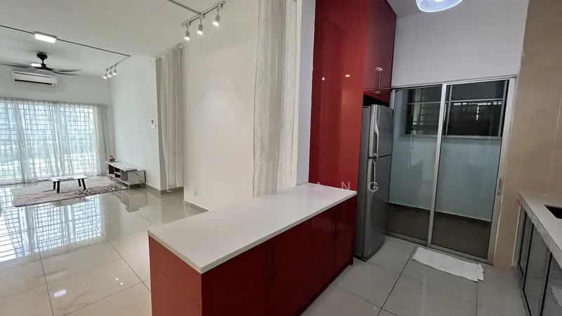 Kitchen features: red cabinetry, white countertop, stainless-steel fridge, open shelving, ceramic tile flooring, recessed downlights, wall-mounted split AC; style: modern. Living features: floor-to-ceiling windows, sheer curtains, 3-blade ceiling fan, area rug, TV console, sofa, coffee table, marble flooring; style: modern; view: garden.
