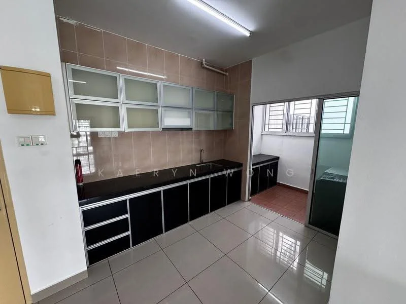 Kitchen features: black cabinetry, white countertop, stainless-steel sink, chrome faucet, glass upper cabinets, tile backsplash, ceramic tile flooring, recessed lighting, window with grid pattern, open layout to adjacent room; style: modern.