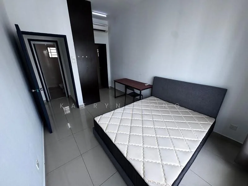 Bedroom features: queen-size bed, upholstered headboard, study desk, tile flooring, white painted walls, air conditioning unit, built-in wardrobe, window with natural light; style: modern.