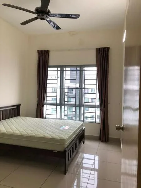 Bedroom features: queen-size bed, wooden bed frame, floor-to-ceiling windows, grey curtains, white painted walls, glossy tile flooring, ceiling fan, mattress without bedding; style: modern; view: city.
