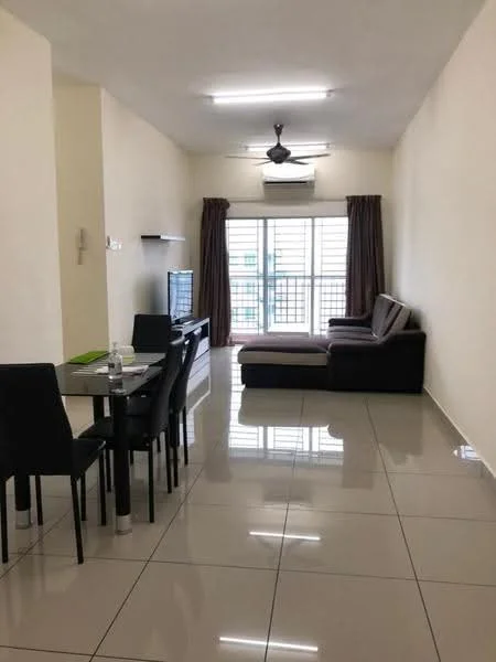 Living features: grey L-shape sectional sofa, glass coffee table, 4-seater dining table with black chairs, polished ceramic tile flooring, white painted walls, ceiling fan, wall-mounted TV console, floor-to-ceiling windows with sheer curtains, air conditioning unit; style: modern; view: city.