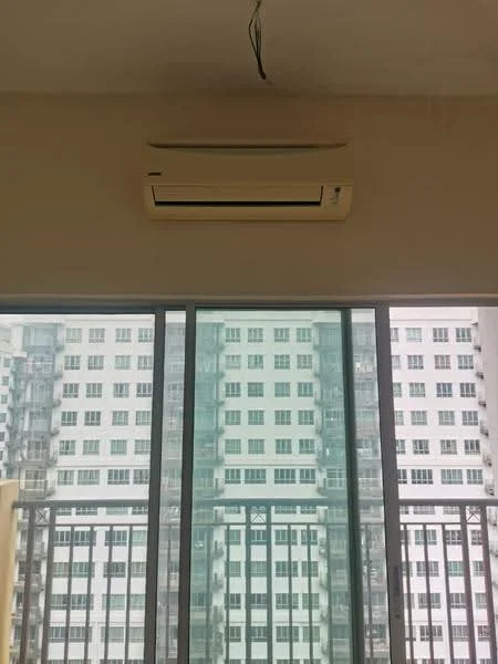 Room features: 1 wall-mounted split AC, floor-to-ceiling windows, glass window panes, metal railing balcony, view of adjacent building; view: city.