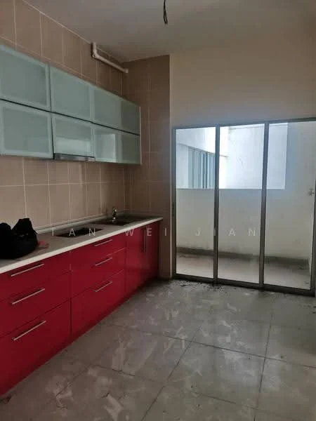 Kitchen features: red cabinetry, white countertop, single-bowl stainless-steel sink, chrome pull-down faucet, glass upper cabinets, tile backsplash, ceramic tile flooring, floor-to-ceiling sliding glass door, natural light from window, open layout to balcony; style: modern.