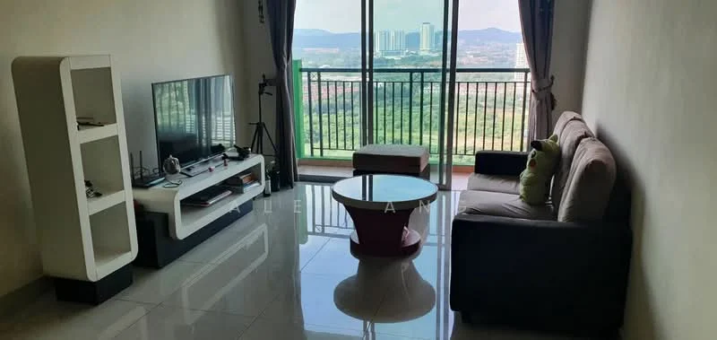 Living features: grey fabric sofa, 2-seater sofa, round coffee table, TV console, wall-mounted TV, large floor-to-ceiling windows, curtains, glossy tile flooring, decorative wall art, green decorative pillow, city skyline view; style: modern; view: city.