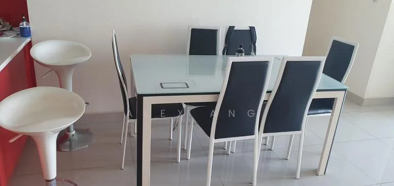 Dining features: glass-top dining table, 6-seater dining table, black upholstered dining chairs, white bar stools, ceramic tile flooring, white painted walls, minimalist decor; style: modern.