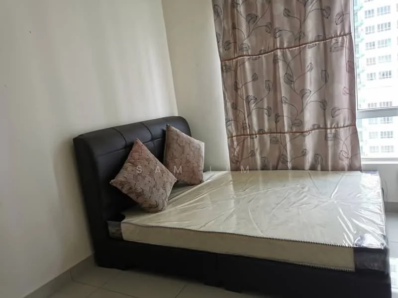 Bedroom features: queen-size bed, upholstered headboard, two decorative pillows, window with sheer curtains, light-coloured walls, tile flooring, natural light from window; style: modern.