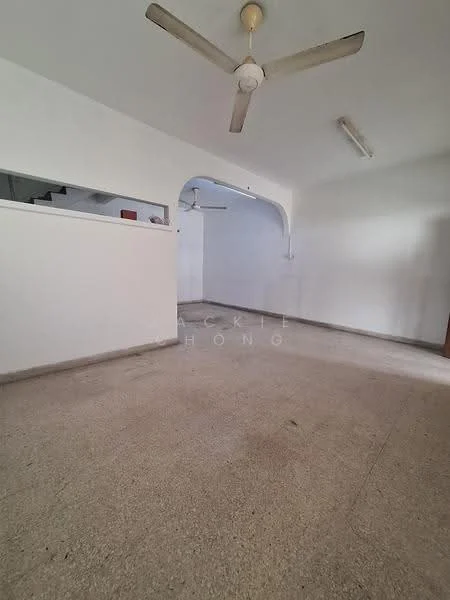 Room features: white painted walls, ceiling fan, light fixtures, tile flooring, arched entryway, open layout, no visible furniture, natural light from windows; style: minimalist.