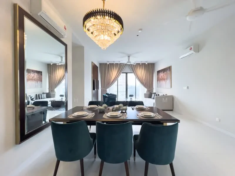 Dining features: 6-seater dining table, dark wood table, upholstered dining chairs in teal, chandelier with crystals, large wall mirror, floor-to-ceiling windows, curtains in light grey, air conditioning unit on wall, light grey painted walls, white flooring, decorative artwork on walls, ceiling fan; style: modern; view: city. Living features: sofa in dark blue, coffee table, TV console, area rug, floor-to-ceiling windows, curtains in light grey, air conditioning unit on wall; style: modern; view: city.
