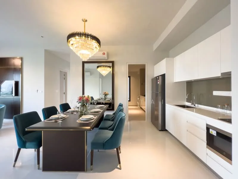 Dining features: 8-seater dining table, black dining table with gold accents, upholstered dining chairs in teal, chandelier light fixture, large mirror on wall, white cabinetry, stainless-steel fridge, built-in kitchen cabinetry, countertop with sink, open layout, polished tile flooring, neutral wall color; style: modern.