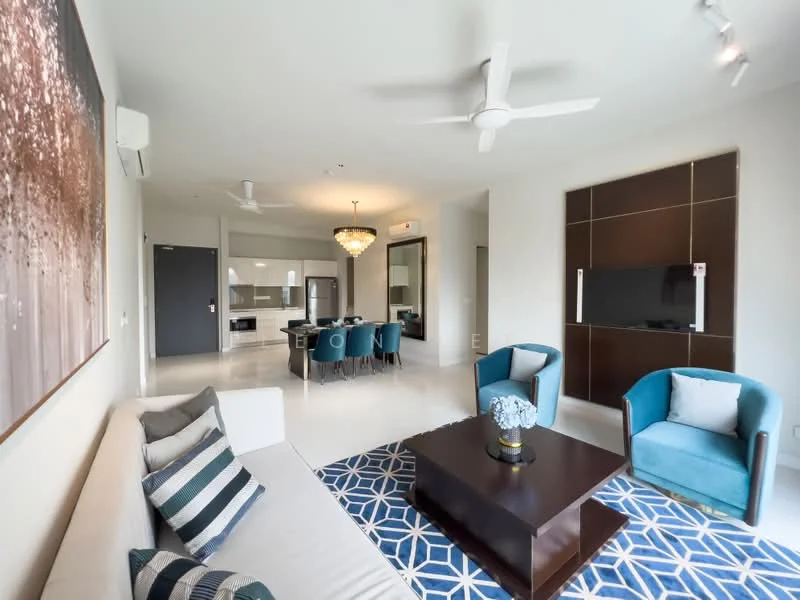Living features: 3-seater fabric sofa in beige with striped cushions, 2 accent chairs in teal, coffee table with dark wood finish, area rug with geometric pattern in blue and white, wall-mounted TV, chandelier with multiple bulbs, 5-blade ceiling fan with light, white painted walls, recessed downlights, large window for natural light; style: modern. Dining features: 6-seater dining table with dark wood finish, upholstered dining chairs in teal, open layout connecting to living area, white painted walls, recessed downlights; style: modern. Kitchen features: open kitchen layout, white cabinetry, black countertop, built-in oven, stainless-steel fridge, ceramic tile flooring, recessed downlights; style: modern.