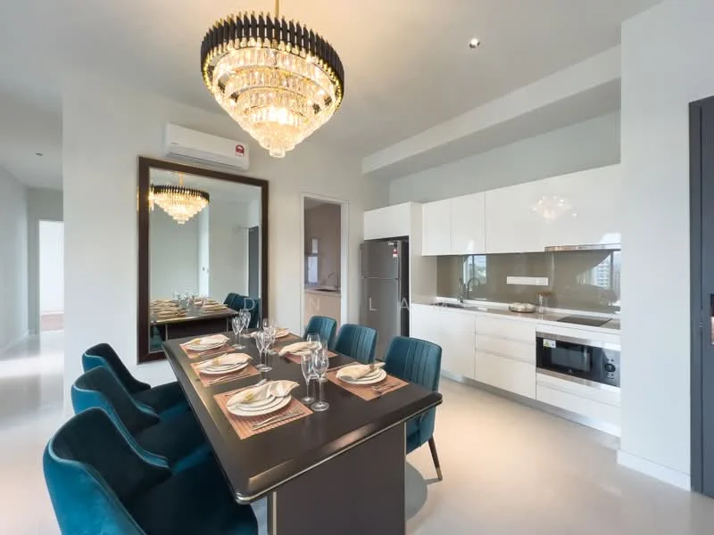 Dining features: 8-seater dining table, upholstered dining chairs in teal, chandelier light fixture, white cabinetry, built-in oven, stainless-steel fridge, grey backsplash, countertop with integrated sink, recessed lighting, open layout, polished tile flooring, mirror on wall; style: modern.