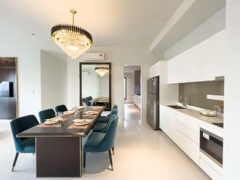 Dining features: 6-seater dining table, upholstered dining chairs in teal, chandelier with crystal accents, white cabinetry, grey backsplash, stainless-steel fridge, built-in microwave, countertop with sink, mirror on wall, recessed downlights, white tiled flooring, open layout to kitchen; style: modern.