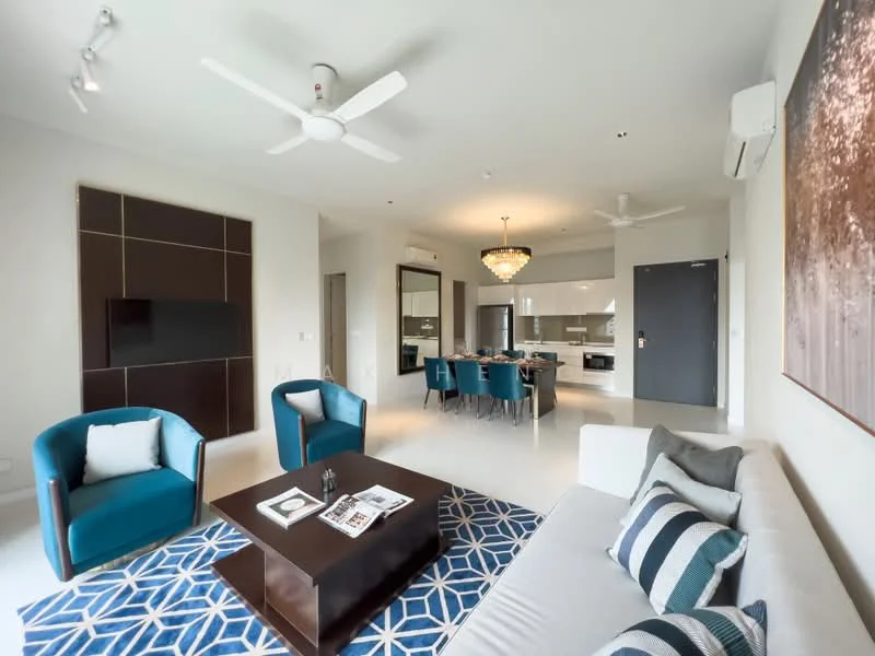Living features: 3-seater fabric sofa in light grey, blue accent chairs, coffee table with dark wood finish, area rug with geometric pattern in blue and white, wall-mounted TV, ceiling fan with light, recessed downlights, decorative wall art, large windows with natural light, open layout to dining area; style: modern. Dining features: 6-seater dining table with dark wood finish, upholstered dining chairs, chandelier, open layout to living area, kitchen visible in background; style: modern.