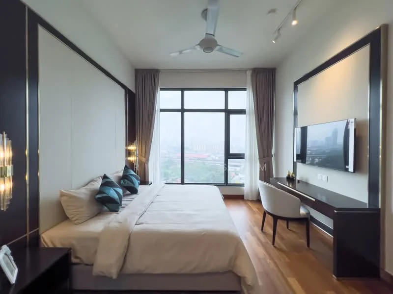 Bedroom features: king-size bed with white bedding, upholstered headboard, two bedside lamps, wooden flooring, floor-to-ceiling windows, sheer curtains, ceiling fan with light, wall-mounted TV, wooden desk, white upholstered chair, decorative cushions in teal, wall paneling, decorative wall lighting; style: modern; view: city.
