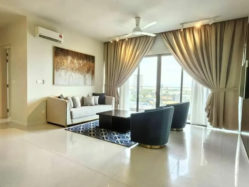 Living features: 3-seater fabric sofa in light grey, 2 accent chairs in dark blue, coffee table with black surface, floor-to-ceiling windows, sheer curtains, blackout curtains, 5-blade ceiling fan with light, recessed downlights, polished tile flooring, decorative artwork on wall, area rug with geometric pattern, view of city skyline; style: modern; view: city.