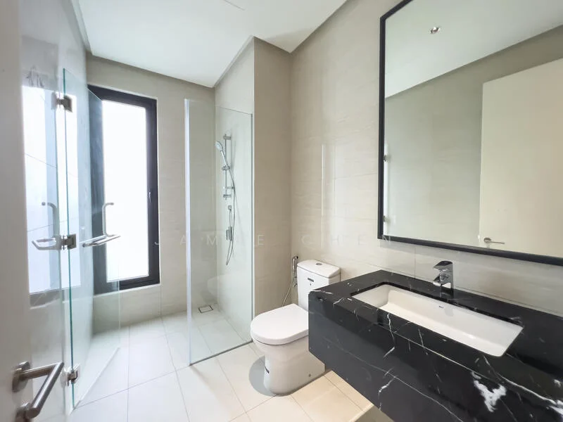 Bathroom features: walk-in shower with glass enclosure, rain shower head, handheld shower, black marble countertop, single-sink vanity with white cabinet, framed mirror, one-piece toilet, white tiled walls, light-colored tile flooring, floor-to-ceiling window; style: modern.