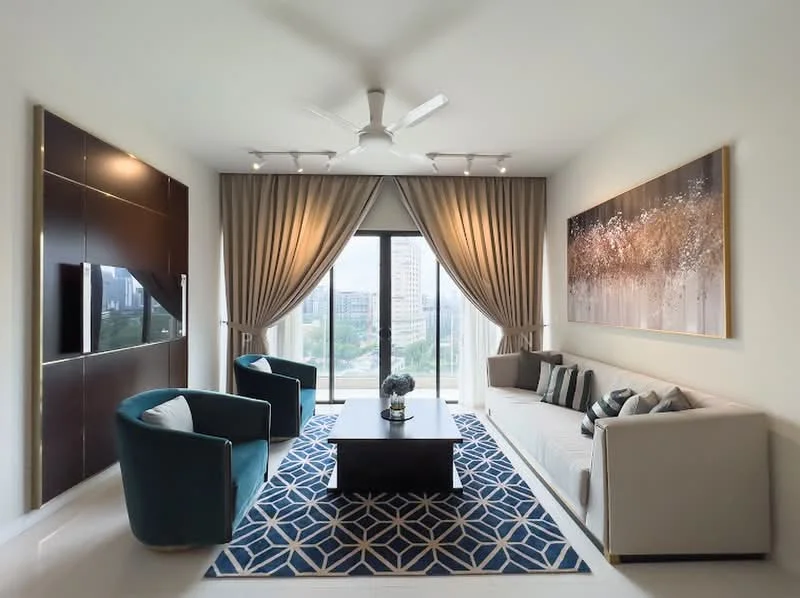 Living features: 3-seater fabric sofa in beige, 2-seater fabric sofa in cream, blue accent chairs, coffee table, wall-mounted TV, floor-to-ceiling windows, sheer curtains, recessed downlights, decorative artwork on wall, area rug with geometric pattern, ceiling fan with light; style: modern; view: city.