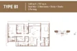 Floor plan: 1-bedroom 1-bathroom unit; features: open-plan kitchen-dining-living, study area, utility room, 1 car parking, central foyer.