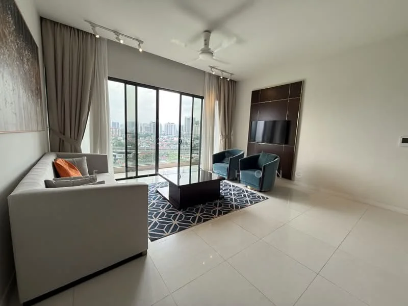 Living features: 3-seater fabric sofa in light grey, 2 accent chairs in teal, coffee table with dark wood finish, area rug with geometric pattern, wall-mounted TV, floor-to-ceiling windows, sheer curtains, recessed downlights, ceiling fan, white painted walls, polished tile flooring; style: modern; view: city.