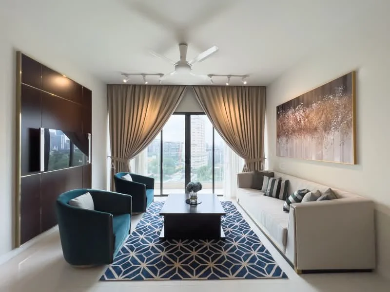 Living features: 3-seater fabric sofa in beige, 2 teal accent chairs, coffee table, wall-mounted TV, feature wall with dark wood paneling, floor-to-ceiling windows, sheer curtains, decorative artwork, area rug with geometric pattern, recessed downlights, 5-blade ceiling fan, decorative vase on coffee table; style: modern; view: city.