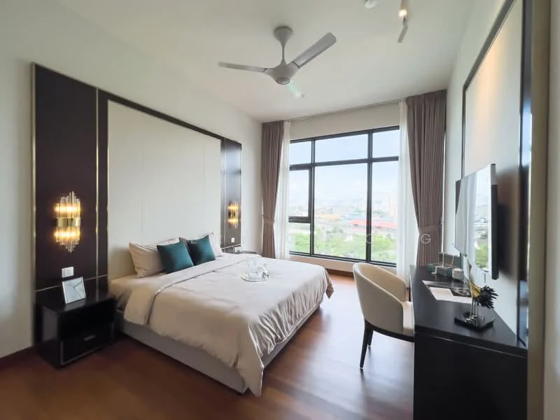 Bedroom features: king-size bed with upholstered headboard, two bedside lamps, wall-mounted TV, study desk with chair, large window with city view, curtains, wooden flooring, ceiling fan with light, decorative wall paneling, decorative artwork, nightstand; style: modern; view: city.