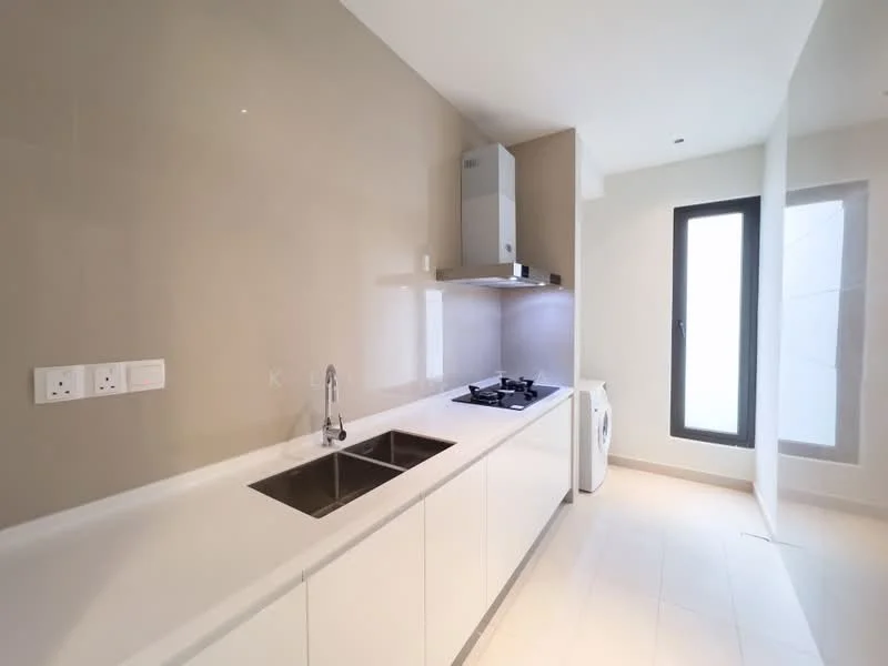 Kitchen features: white cabinetry, double-bowl stainless-steel sink, chrome pull-down faucet, built-in gas hob, stainless-steel range hood, white countertop, light-colored wall tiles, floor-to-ceiling window, washing machine, neutral tile flooring; style: modern.