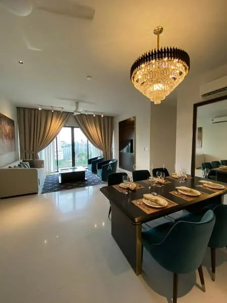 Dining features: 6-seater dining table, upholstered dining chairs in teal, chandelier with crystals, white walls, recessed downlights, floor-to-ceiling windows, curtains, polished tile flooring, decorative mirror, wall-mounted TV, sofa in light grey, area rug with geometric pattern, ceiling fan; style: modern; view: city. Living features: sofa in light grey, coffee table, wall-mounted TV, area rug with geometric pattern, floor-to-ceiling windows, curtains, recessed downlights, polished tile flooring; style: modern; view: city.