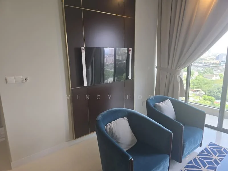 Living features: wall-mounted TV, dark wood feature wall, two blue armchairs, white throw pillows, floor-to-ceiling windows, curtains, city view, light-colored flooring; style: modern; view: city.