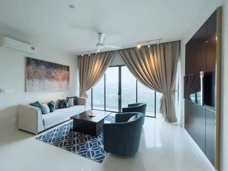 Living features: 3-seater fabric sofa in light grey, 2 armchairs in teal, coffee table with decorative bowl, area rug with geometric pattern in blue and white, floor-to-ceiling windows, sliding glass door, sheer curtains, blackout curtains, wall-mounted TV, built-in cabinetry, recessed downlights, 1 wall-mounted split AC, polished tile flooring; style: modern; view: city.