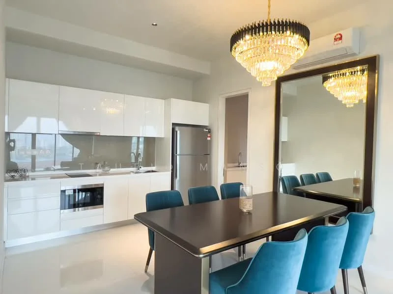 Kitchen features: white cabinetry, stainless-steel fridge, built-in oven, ceramic cooktop, white backsplash, single-bowl stainless-steel sink, chrome pull-down faucet, recessed downlights, grey countertop; style: modern. Dining features: black dining table, 6 upholstered dining chairs in teal, chandelier light fixture, large decorative mirror, white walls, polished tile flooring; style: modern.