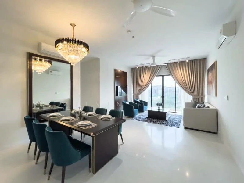 Dining features: 6-seater dining table, black dining table with gold accents, upholstered dining chairs in teal, chandelier with crystal details, mirror on wall, white walls, white tiled flooring, recessed ceiling lights, wall-mounted air conditioning unit; style: modern; view: garden. Living features: sofa in light grey, coffee table, area rug with geometric pattern, floor-to-ceiling windows, curtains in beige, wall-mounted TV, entertainment unit, ceiling fan with light; style: modern; view: garden.