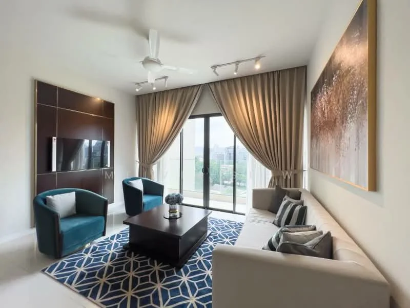 Living features: 3-seater fabric sofa in light beige, 2 accent chairs in teal, coffee table with dark wood finish, wall-mounted TV, floor-to-ceiling windows, sheer curtains, blackout curtains, recessed downlights, area rug with geometric pattern, decorative wall art, light-colored walls, light-colored flooring, ceiling fan with light; style: modern; view: city.
