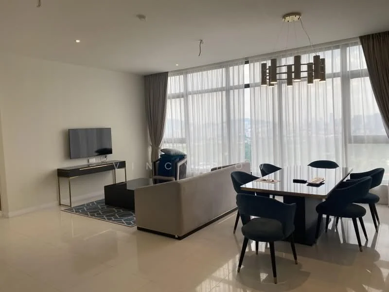 Living features: floor-to-ceiling windows, white painted walls, marble tile flooring, chandelier, 3-seater fabric sofa in light grey, coffee table, wall-mounted TV, area rug with geometric pattern, dining table for 6 with upholstered chairs, decorative wall art, curtains, side table; style: modern; view: city.