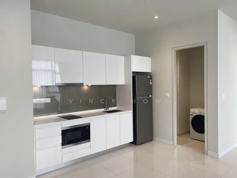 Kitchen features: white flat-panel cabinets, stainless-steel fridge, built-in microwave, ceramic cooktop, white quartz countertop, grey tile backsplash, single-bowl stainless-steel sink, chrome pull-down faucet, recessed downlights, white porcelain tile flooring; style: modern. Laundry features: front-load washing machine.