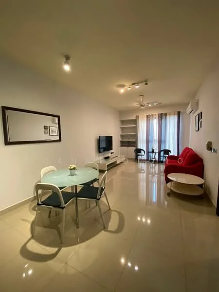 Living features: glossy beige tile flooring, white painted walls, recessed downlights, 5-blade ceiling fan, wall-mounted TV, TV console, round coffee table, red accent chair, glass dining table with four chairs, shelves on wall, floor-to-ceiling windows with sheer curtains; style: modern.