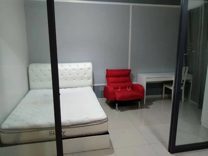 Bedroom features: queen-size bed with upholstered headboard, red accent chair, white desk with chair, grey painted walls, white ceiling, glossy tile flooring, floor-to-ceiling glass window, curtains, minimalist decor; style: modern.