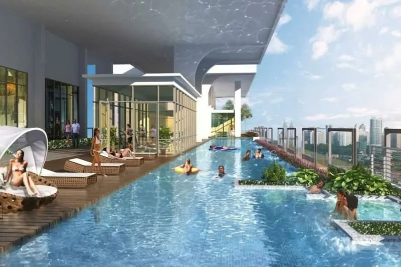 Exterior type: high-rise condominium; features: infinity pool, pool deck with loungers, landscaped garden areas, glass-walled clubhouse, surrounding city skyline view, wooden decking, sun loungers, potted plants, outdoor seating areas; style: modern.