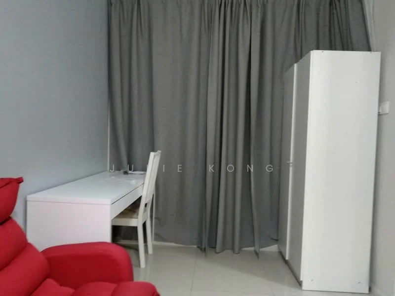 Room features: grey curtains, white desk, white chair, white wardrobe, red sofa, cream tiled flooring, light grey painted walls; style: modern.