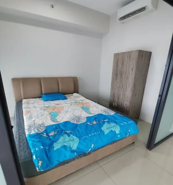 Bedroom features: queen-size bed, upholstered headboard, decorative bedspread with world map design, 2 bedside pillows, wooden wardrobe with 2 doors, white painted walls, tile flooring, wall-mounted split AC; style: modern.