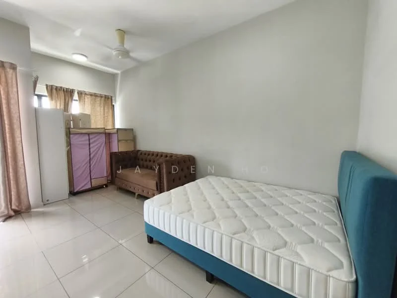 Bedroom features: queen-size bed with mattress, upholstered headboard in blue, brown fabric sofa, white tiled flooring, light grey painted walls, ceiling fan, curtains on window, refrigerator, built-in wardrobe, natural light from window; style: modern.