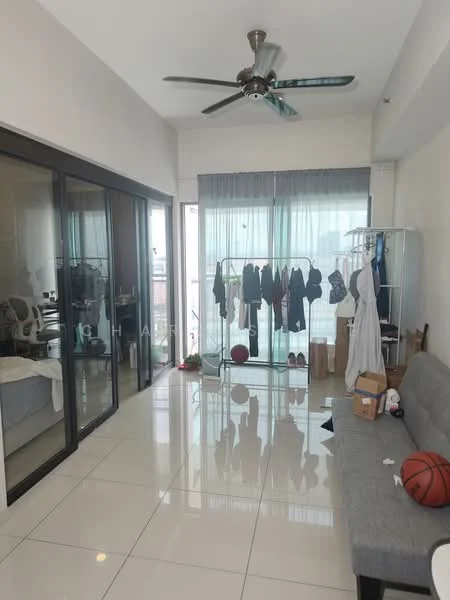 Living features: 5-blade ceiling fan with light, floor-to-ceiling windows, sliding glass door, grey fabric sofa, white ceramic tile flooring, clothes rack, basketball, decorative plants, boxes, curtains, wall-mounted mirror; style: modern; view: city.
