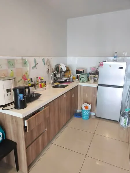 Kitchen features: white countertop, wood cabinetry, stainless-steel fridge, single-bowl stainless-steel sink, chrome pull-down faucet, built-in microwave, coffee machine, kettle, toaster, ceramic tile flooring, wall-mounted backsplash with colorful pattern, open shelving, decorative items on countertop; style: modern.