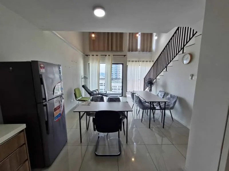 Living features: white painted walls, glossy tile flooring, recessed downlights, large windows with sheer curtains, dining table with 4 chairs, black office chair, stainless-steel fridge, green accent chair, ceiling fan, wall-mounted clock, open space layout; style: modern; view: city.